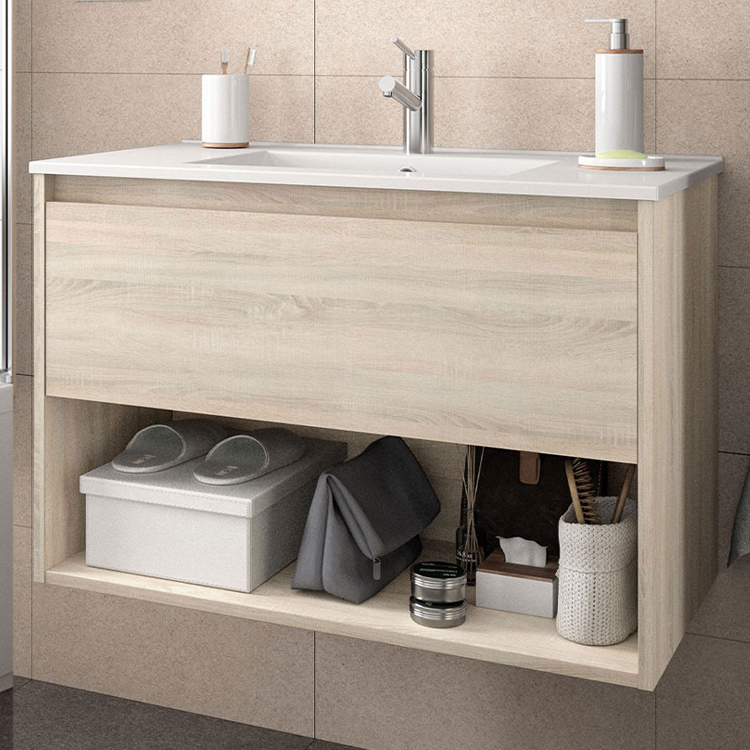 Soft 10, mobile da bagno con lavabo in ceramica e specchiera con applique  di Legnobagno